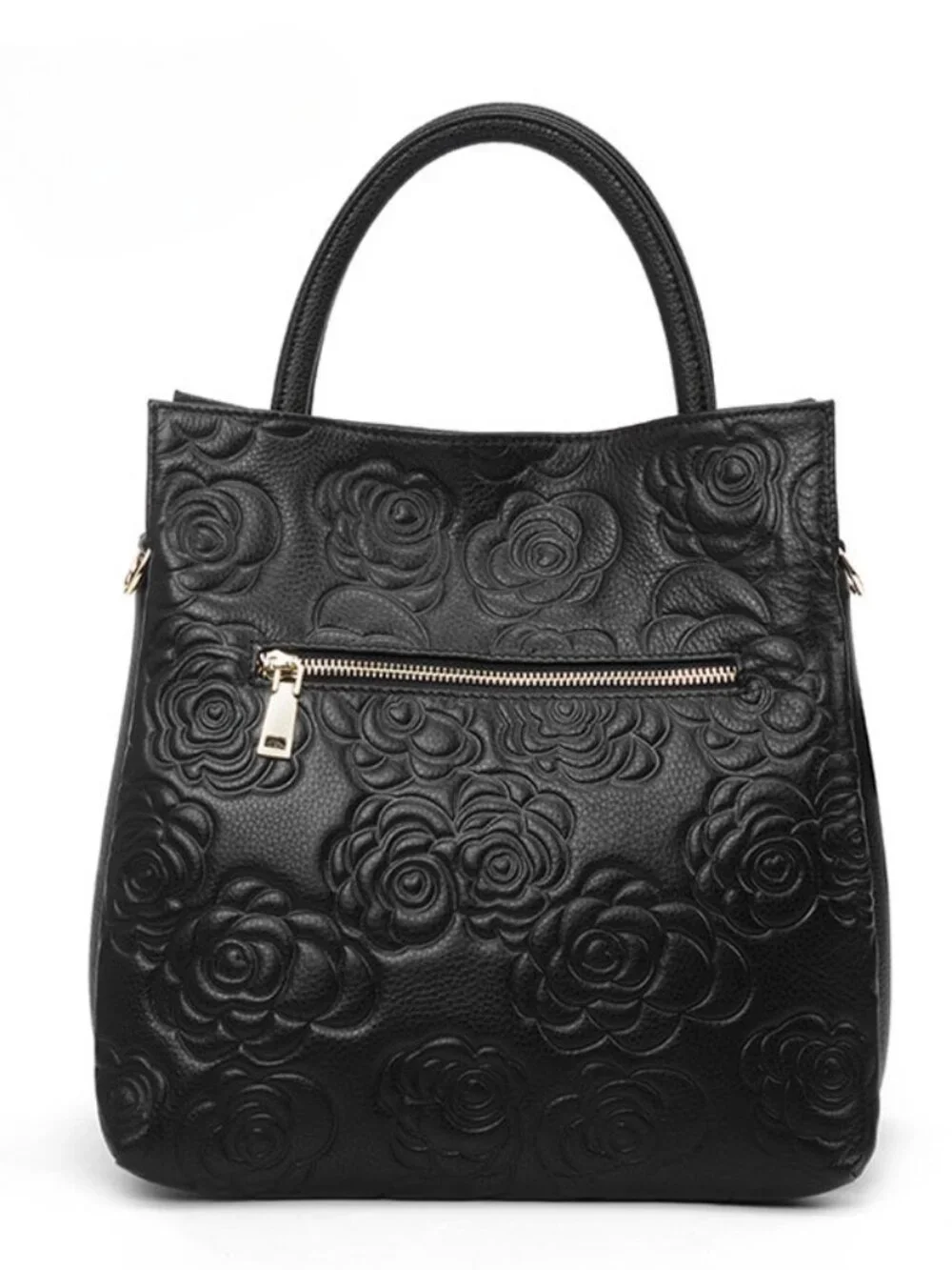 Black Floral Embossed Leather Top Handle Tote Bag